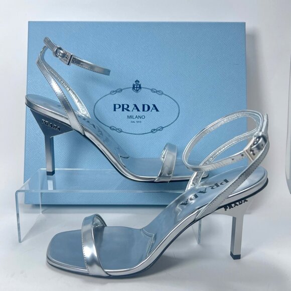 Prada Argento Donna Womens Sandals Metallic Leather Strappy Heels Size 38 US8 - Picture 2 of 16